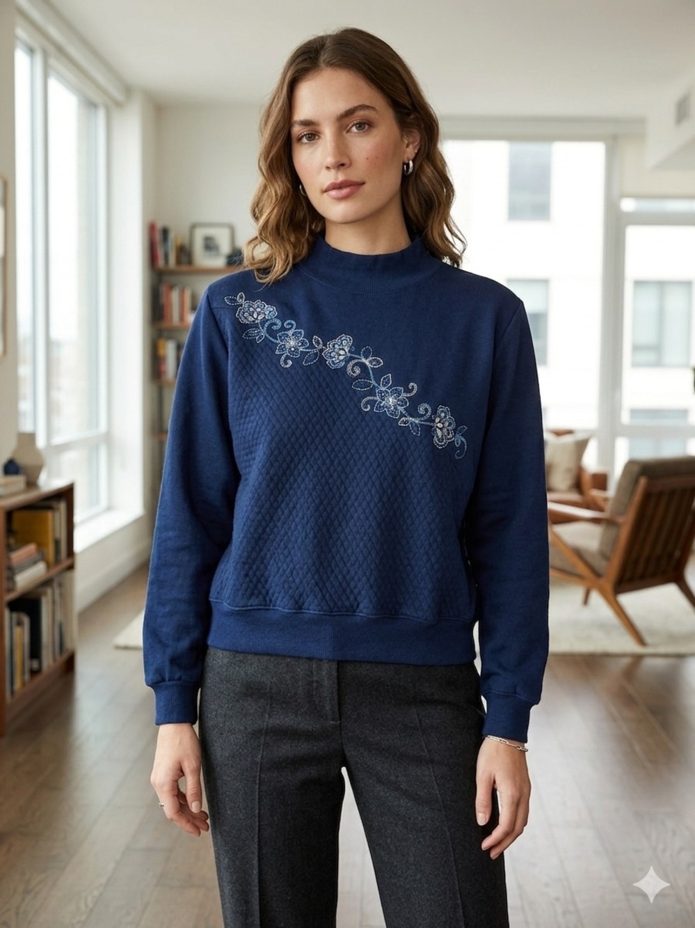 Alfred Dunner Petite Navy Embroidered Mock Neck Sweater